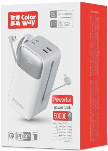 Батарея універсальна ColorWay Power Bank 50000 mAh Powerful 22.5W White (CW-PB500LPA4WT-PDD)