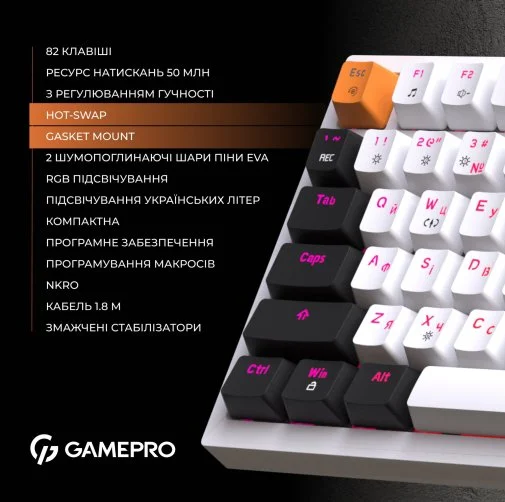 Фото: Клавіатура GamePro MK160W RGB USB White № 30 | KTC