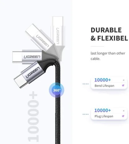 Фото: Кабель UGREEN US261 Round Cable Nickel Plating Aluminum 60W 3A Type-C / Type-C 0.5m Black/Gray (US261/50149) № 16 | KTC