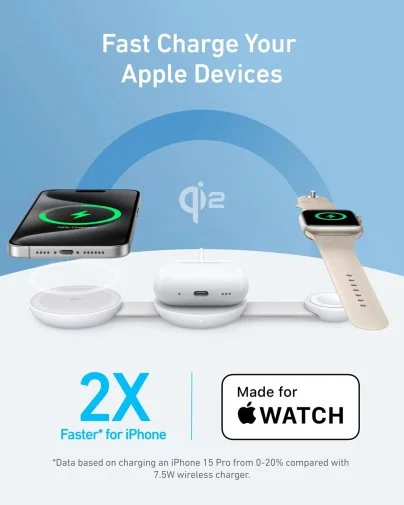 Фото: Бездротова зарядна станція Anker MagGo Wireless Charging Pad 3in1 15W White (B25M8H21) № 9 | KTC