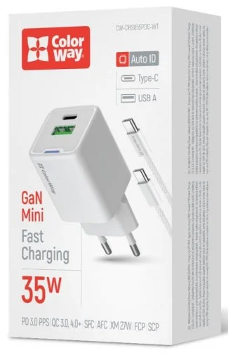 Фото: Зарядний пристрій ColorWay GaN Mini QC PD 35W White with Type-C / Type-C (CW-CHS055PDC-WT) № 19 | KTC