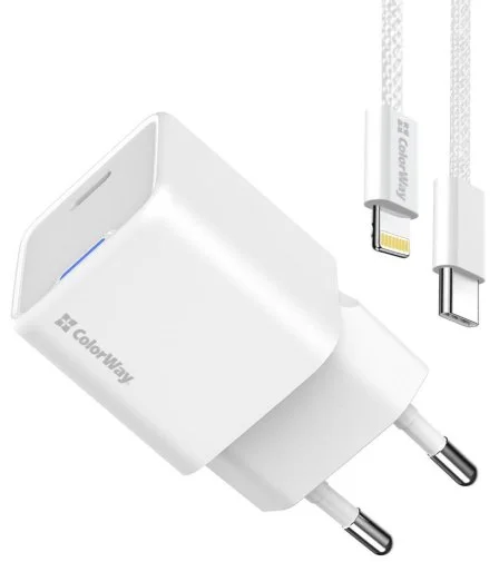 Фото: Зарядний пристрій ColorWay GaN Mini 20W White with Type-C/Lightning (CW-CHS059PDL-WT) № 16 | KTC