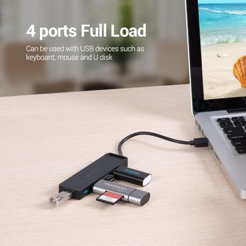 Хаб USB 2.0 4 Port Vention, 0.15m, Black