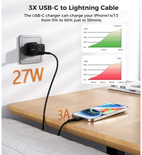 Фото: Кабель Choetech XCL-1030-BK PD 27W Type-C / Lightning 1m Black № 16 | KTC
