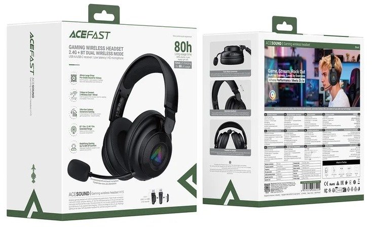 Гарнітура накладна Acefast H15 WL/BT/Jack 3.5, Black ( Gaming )