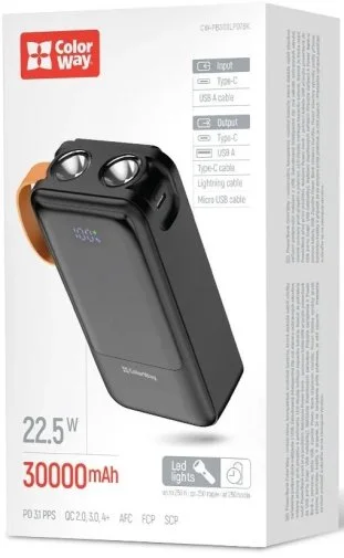 Фото: Батарея універсальна ColorWay PowerHub 30000mAh 22.5W Built-in Cable Type-C/USB-A/Lightning/Micro USB (CW-PB300LP07BK) № 19 | KTC