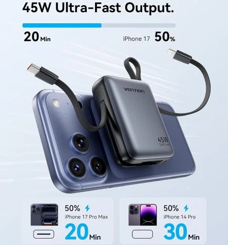 Фото: Батарея універсальна Vention FKMN0 10000mAh 45W Beige Built-in USB-C and Lightning № 13 | KTC