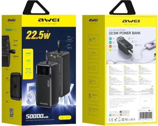 Фото: Батарея універсальна Awei PA-107 50000mAh 22.5W Black (6954284029544) № 5 | KTC