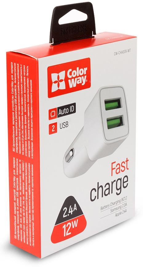 Зарядний пристрій ColorWay 2xUSB Auto ID 2.4A 12W White (CW-CHA009-WT)