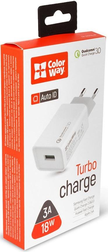 Зарядний пристрій ColorWay Quick Charge 3.0 1xUSB 18W White with cable Type-C Black (CW-CHS013Q-WT-CBU)
