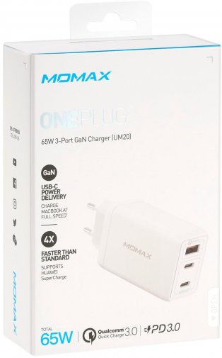 Зарядний пристрій Momax Gan One Plug 65W 2xPD QC 3.0 1xUSB White (UM20EUW)
