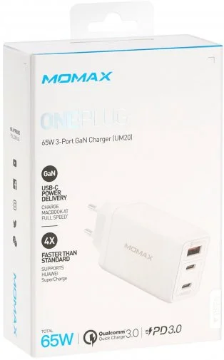 Фото: Зарядний пристрій Momax UM20 Gan One Plug 65W 2xPD QC 3.0 1xUSB White (UM20EUW) № 16 | KTC