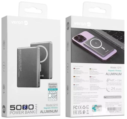 Фото: Батарея універсальна Veron Q15 magnetic fast 5000mAh 15W Black № 9 | KTC