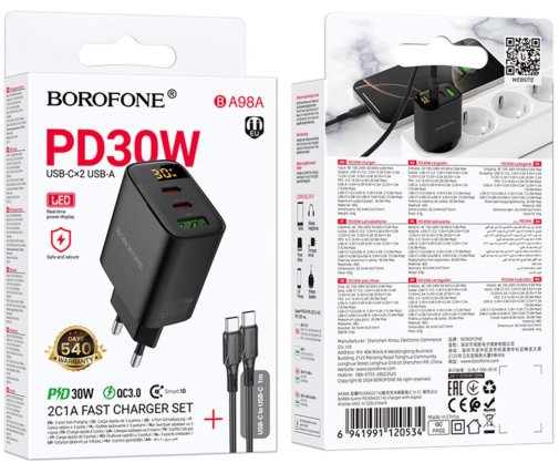 Зарядний пристрій BOROFONE BA98A Ilustre QC3.0 PD 30W Black with Type-C/Type-C (6941991120534)