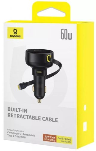 Автозарядка Baseus Enjoyment Pro Car Charger Type-C + Retractable Type-C Cable 60W black