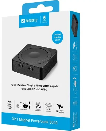 Фото: Батарея універсальна Sandberg 3in1 Magnet Powerbank 5000mAh 20W Qi Wireless 15W Black (421-28) № 23 | KTC