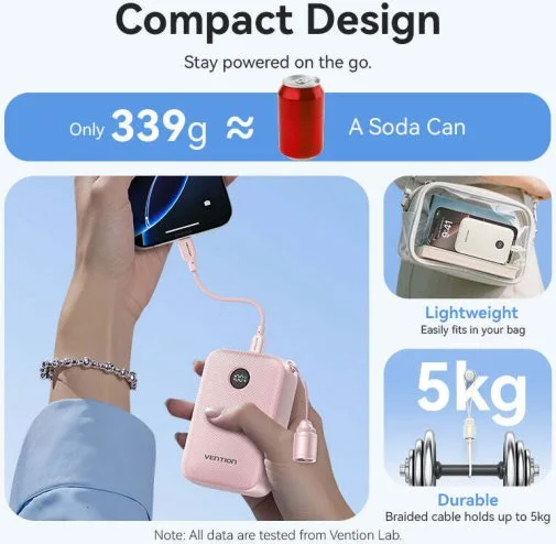 Фото: Батарея універсальна Vention FKBB0-C 20000mAh 22.5W with Built-in USB-C Cable Black № 27 | KTC