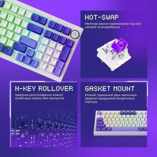 Фото: Клавіатура Proove Gaming Slicker Special Edition Huano Kobe WL/BT/USB White/Purple (WKSLSE022416) № 25 | KTC