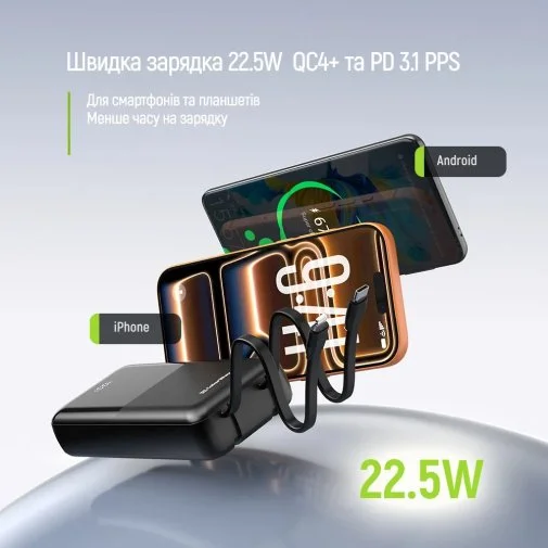Фото: Батарея універсальна ColorWay DigiPower 20000mAh 22.5W Built-in Cable Type-C/Lightning (CW-PB200LP01BK) № 19 | KTC