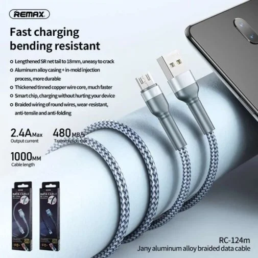 Фото: Кабель Remax Jany Series Aluminum Alloy Braided RC-124 2.4A AM / MicroUSB 1m Black (6972174153568) № 7 | KTC