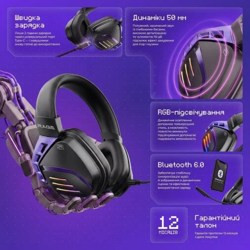 Фото: Гарнітура Proove Gaming Rage APP WL/BT/USB Black/Purple (WHRG00020001) № 23 | KTC