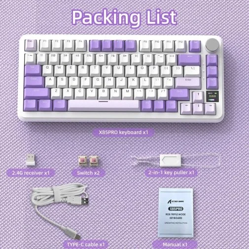Фото: Клавіатура Attack Shark X85 Pro ENG/UKR WL/BT/USB Lavender (X85PROL_AS) № 19 | KTC