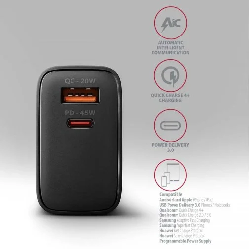 Фото: Зарядний пристрій Axagon ACU-PQ45 PD QC3.0 GaN 45W Black № 12 | KTC