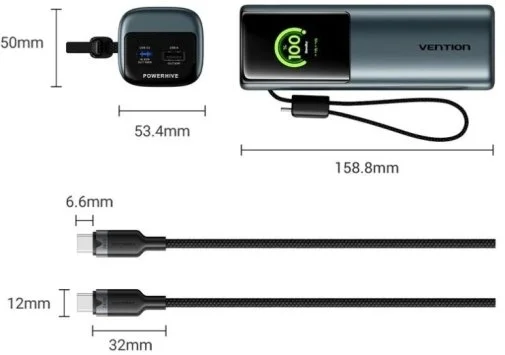 Фото: Батарея універсальна Vention FKFH0 20000mAh 165W Gray Built-in USB-C № 15 | KTC