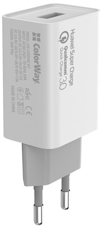Зарядний пристрій ColorWay 1xUSB Quick Charge 3.0 4A 20W White (CW-CHS014Q-WT)