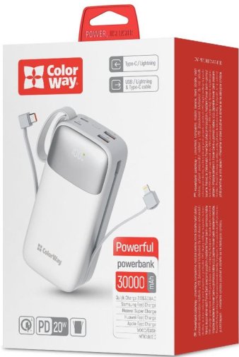  Батарея універсальна ColorWay Power Bank Bank 30000mAh Powerful 22.5W White (CW-PB300LPA4WT-PDD)