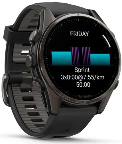 Фото: Смарт годинник Garmin fenix 8 - 43 mm AMOLED Sapphire Carbon Gray DLC Titanium with Black/Pebble Gray Silicone Band (010-02903-21) № 14 | KTC