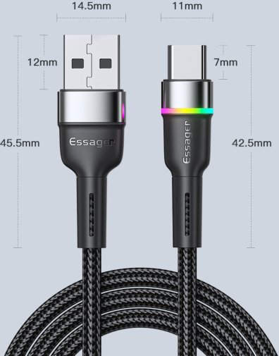 Кабель Essager Colorful LED 3A AM / Type-C 0.5m Black