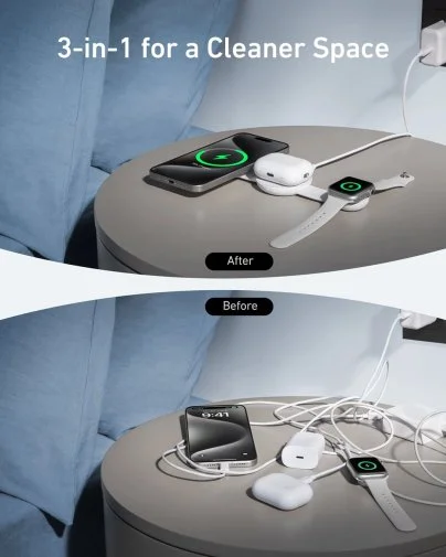 Фото: Бездротова зарядна станція Anker MagGo Wireless Charging Pad 3in1 15W White (B25M8H21) № 8 | KTC