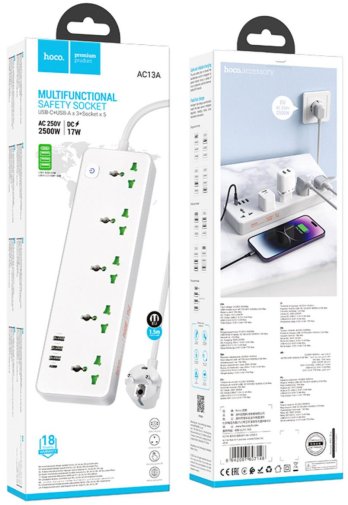 Мережевий фільтр Hoco AC13A Talento 4xUSB 5/1.5m White (6942007607148)