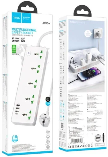 Фото: Мережевий фільтр Hoco AC13A Talento 4xUSB 5/1.5m White (6942007607148) № 10 | KTC