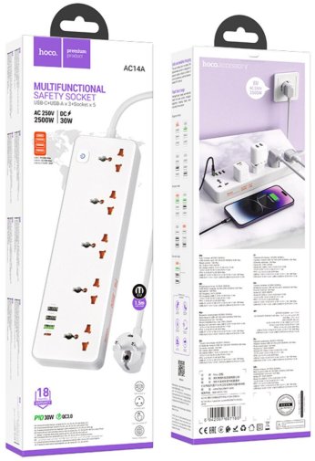 Мережевий фільтр Hoco AC14A Rico 4xUSB 5/1.5m White (6942007607186)