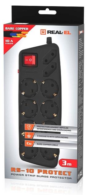 Мережевий фільтр Real-EL RS-10 Protect 10/3m Black (EL122300039)