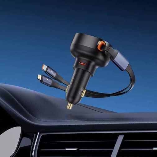 Автозарядка Baseus Enjoyment Pro Car Charger Type-C + Retractable C & iP Cable 60W black