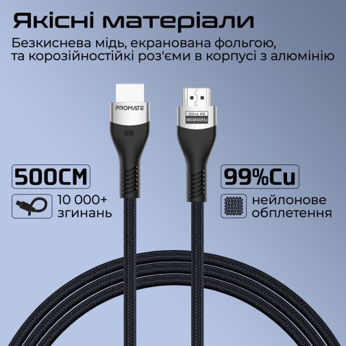 Кабель зєднувальний HDMI-HDMI v.2.1 Promate primelink8k-500.grey