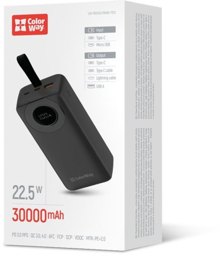 Батарея універсальна ColorWay 30000mAh EnergyPlus 22.5W Black (CW-PB300LPB4BK-PDD)