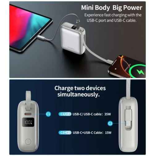 Фото: Батарея універсальна Choetech B832 10000mAh 35W Buid-in Type-C Cabel Grey (B832-GY) № 18 | KTC