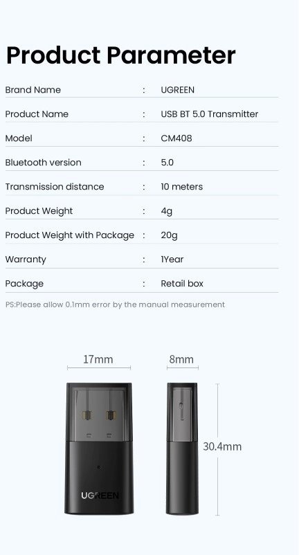 Bluetooth адаптер UGREEN CM408 V5.0 Transmitter for Switch/PS Black (10928)