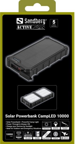 Батарея універсальна Sandberg Solar Powerbank CampLED 10000mAh 22.5W Black (421-23)