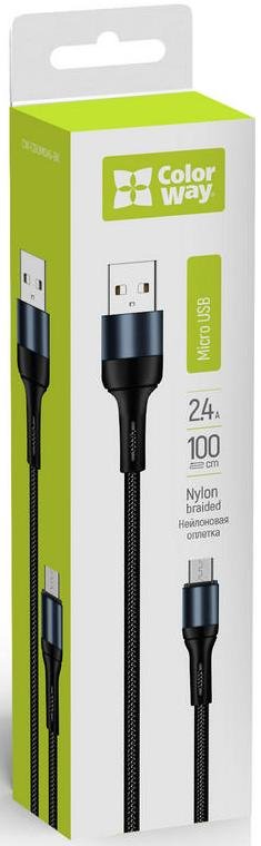 Кабель ColorWay Nylon 2.4A AM / Micro USB 1m Black (CW-CBUM045-BK)