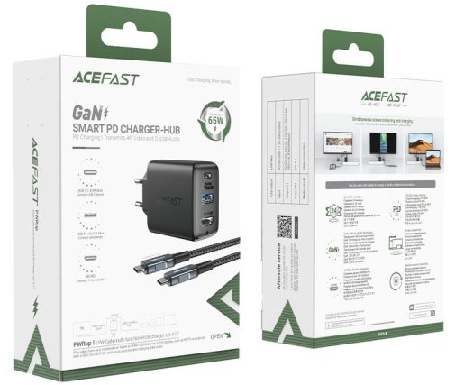Мережевий зарядний пристрій Acefast A17 1xUSB, 1xType-C, GaN, 65W, Black + Кабель USB (Type-C/Type-C) 1.8м