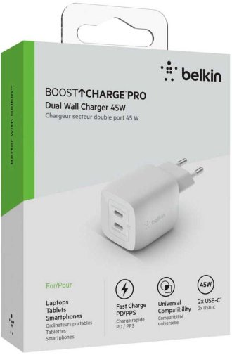 Зарядний пристрій Belkin Home Charger GAN 45W White (WCH011VFWH)
