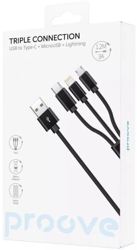 Кабель Proove Triple Connection 3in1 3A AM / MicroB/Type-C/Lightning 1.2m Black (CCTC20001501)