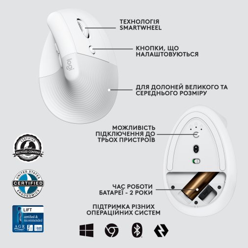 Миша Logitech Lift Vertical Ergonomic Wireless Off White OEM (910-006496)