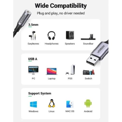 Перехідник UGREEN CM477 USB-A / 1xJack 3.5mm F Gray (CM477/30757)