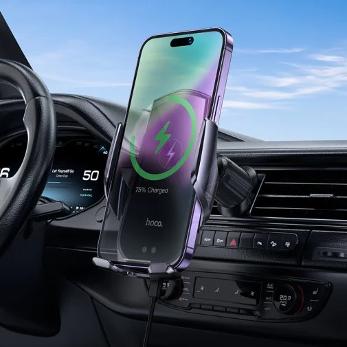 Фото: Кріплення для мобільного телефону Hoco CA202 Plus Enlightener Infrared Induction Wireless Charging Car Holder air outlet Black Metal Gray (6942007623469) № 18 | KTC